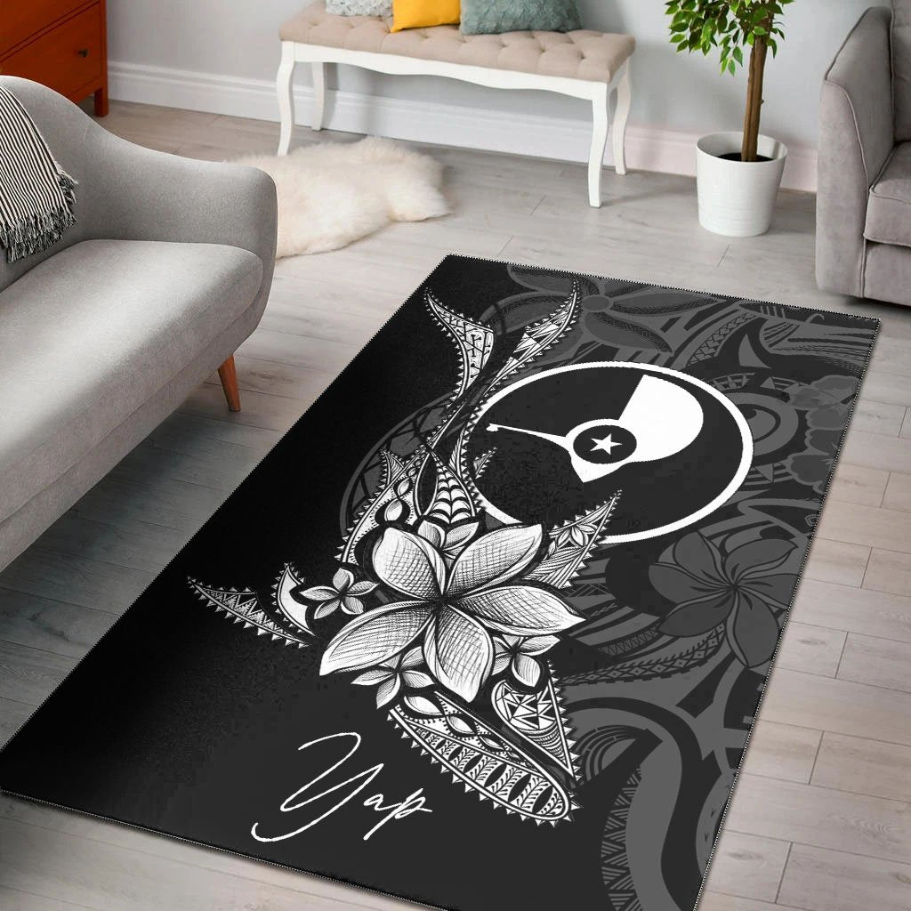 Yap State Area Rug - Fish With Plumeria Flowers Style Black - Polynesian Pride
