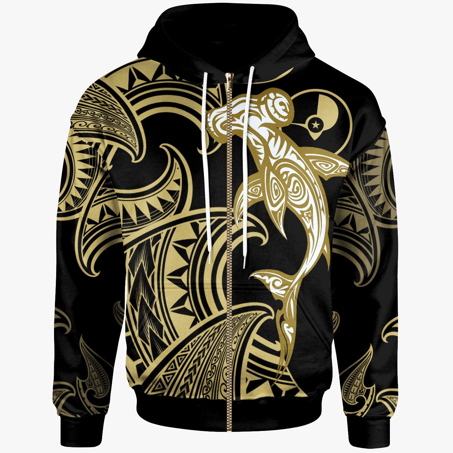 Yap Zip Hoodie Hammerhead Shark Tribal Pattern Unisex Gold - Polynesian Pride