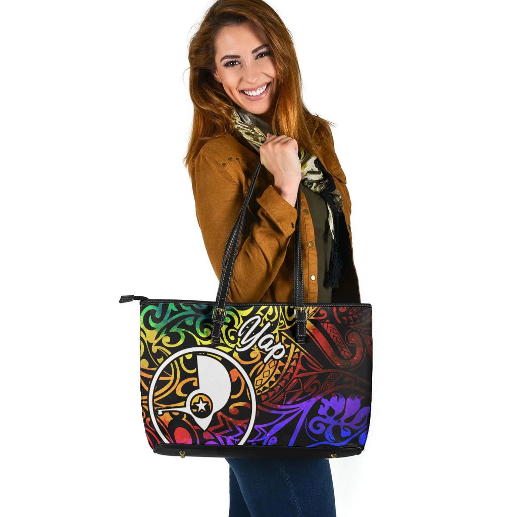 Yap Large Leather Tote Bag - Rainbow Polynesian Pattern Rainbow - Polynesian Pride