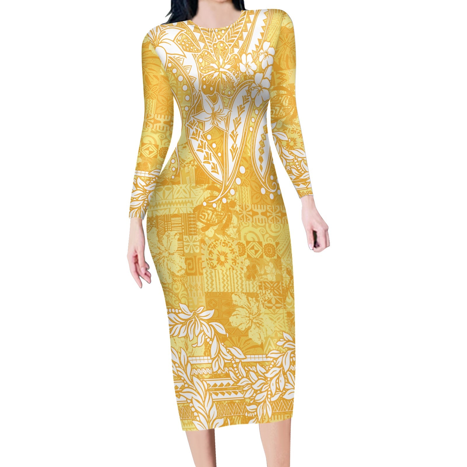 Polynesian Long Sleeves Bodycon Dress Tapa Plumeria Style - Yellow LT7 Long Dress Yellow - Polynesian Pride
