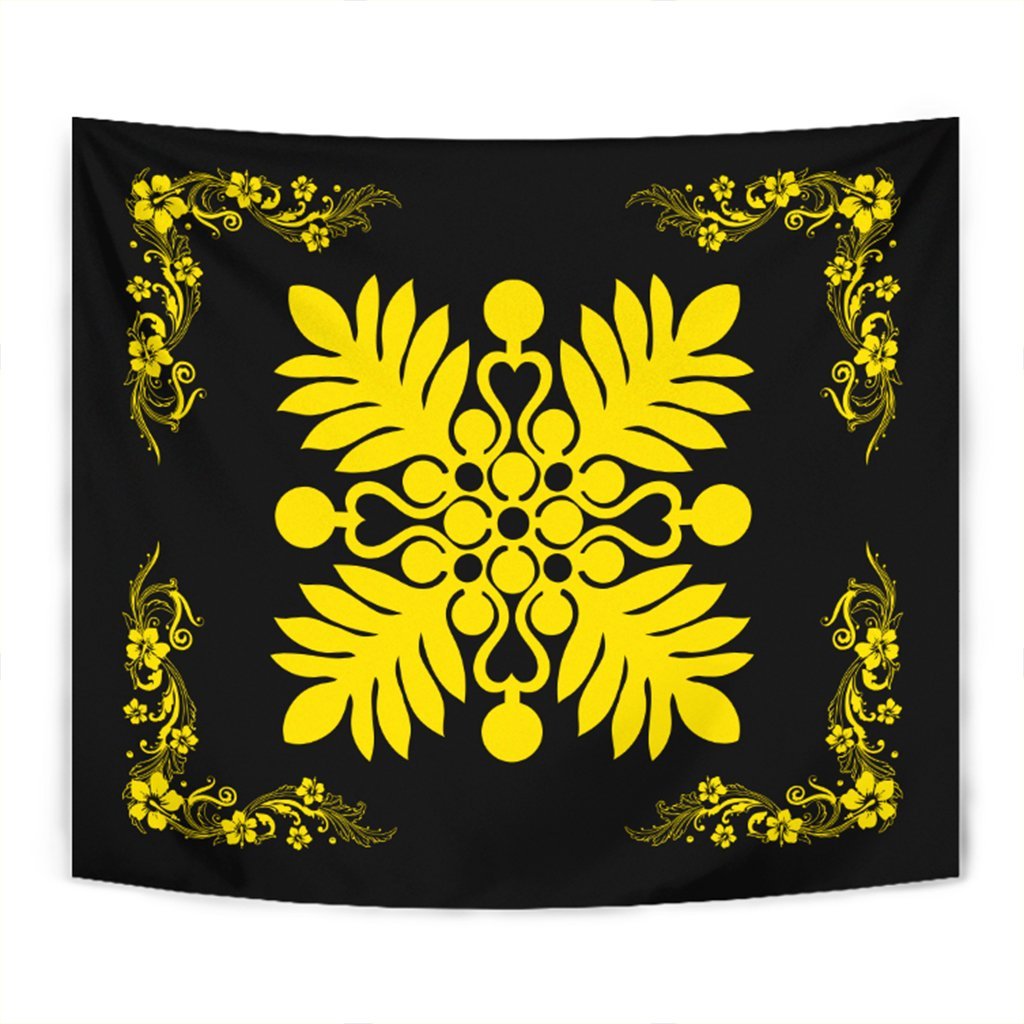 Hawaiian Quilt Maui Plant And Hibiscus Tappestry - Yellow Black - AH Wall Tapestry Yellow - Polynesian Pride