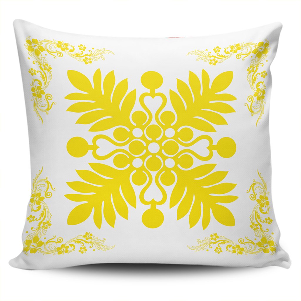 Hawaiian Quilt Maui Plant And Hibiscus Pattern Pillow Covers - Yellow White - AH One Size Yellow - Polynesian Pride