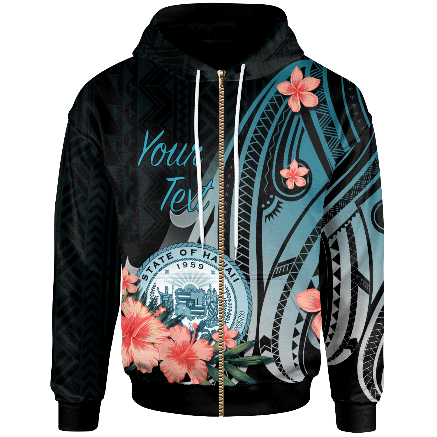 Hawaii Custom Zip Hoodie Turquoise Polynesian Hibiscus Pattern Style Unisex Turquoise - Polynesian Pride