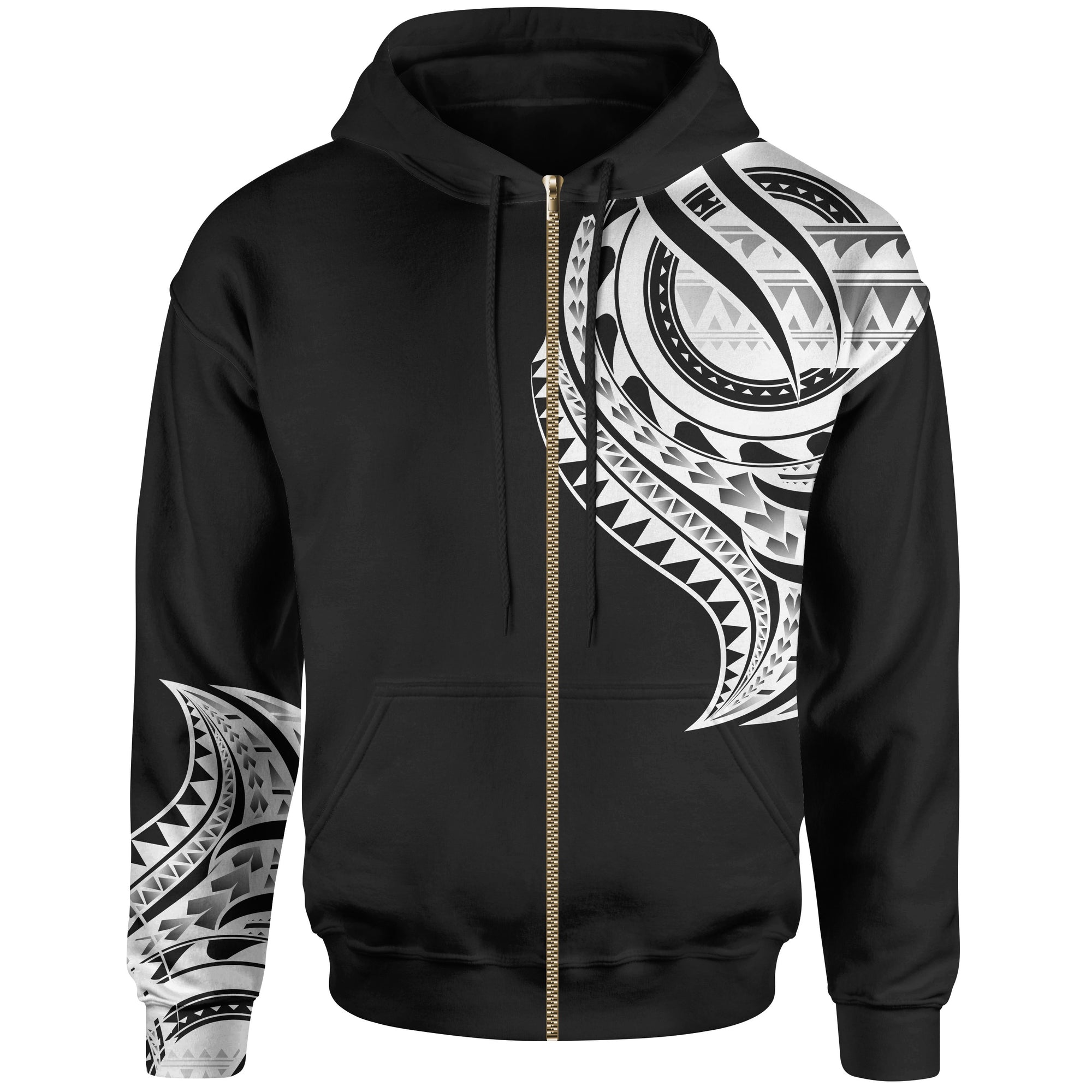 Tokelau Zip Hoodie Tokelau Tatau White Patterns With Coat of Arms Unisex Black - Polynesian Pride