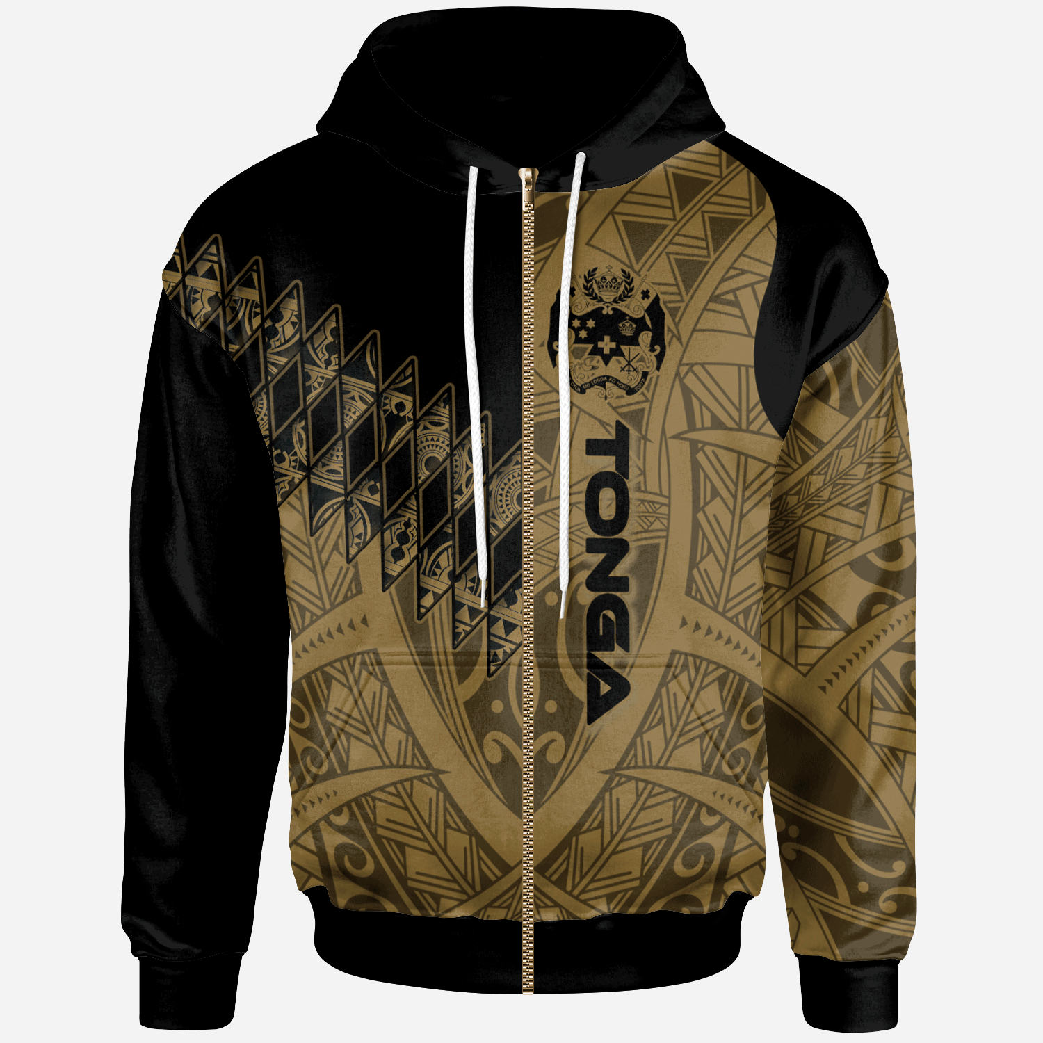 Tonga Zip Hoodie Gold Color Symmetry Style Unisex Black - Polynesian Pride