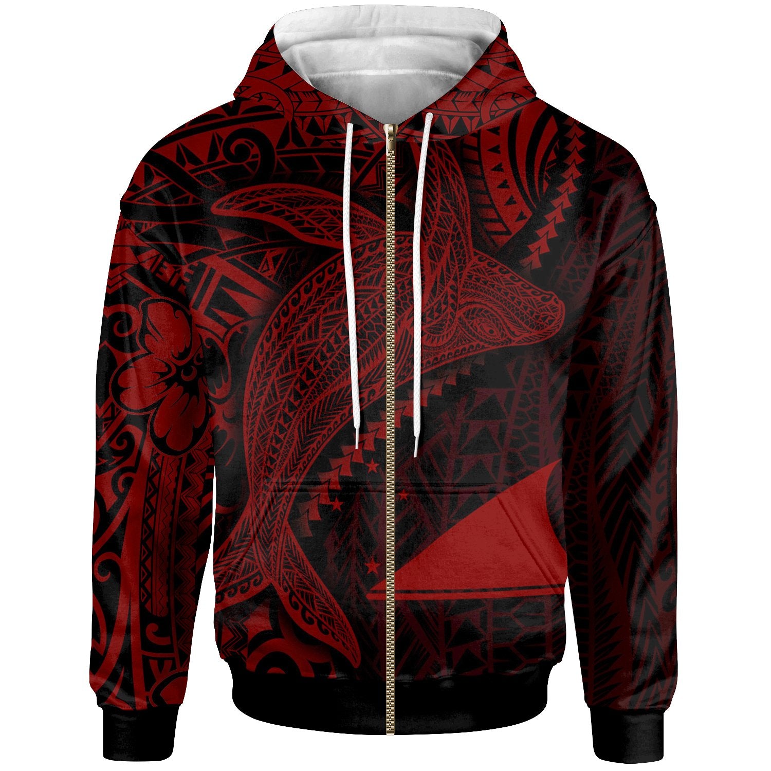 Tokelau Zip up Hoodie Humpback Whale & Coat of Arms Red Unisex Red - Polynesian Pride