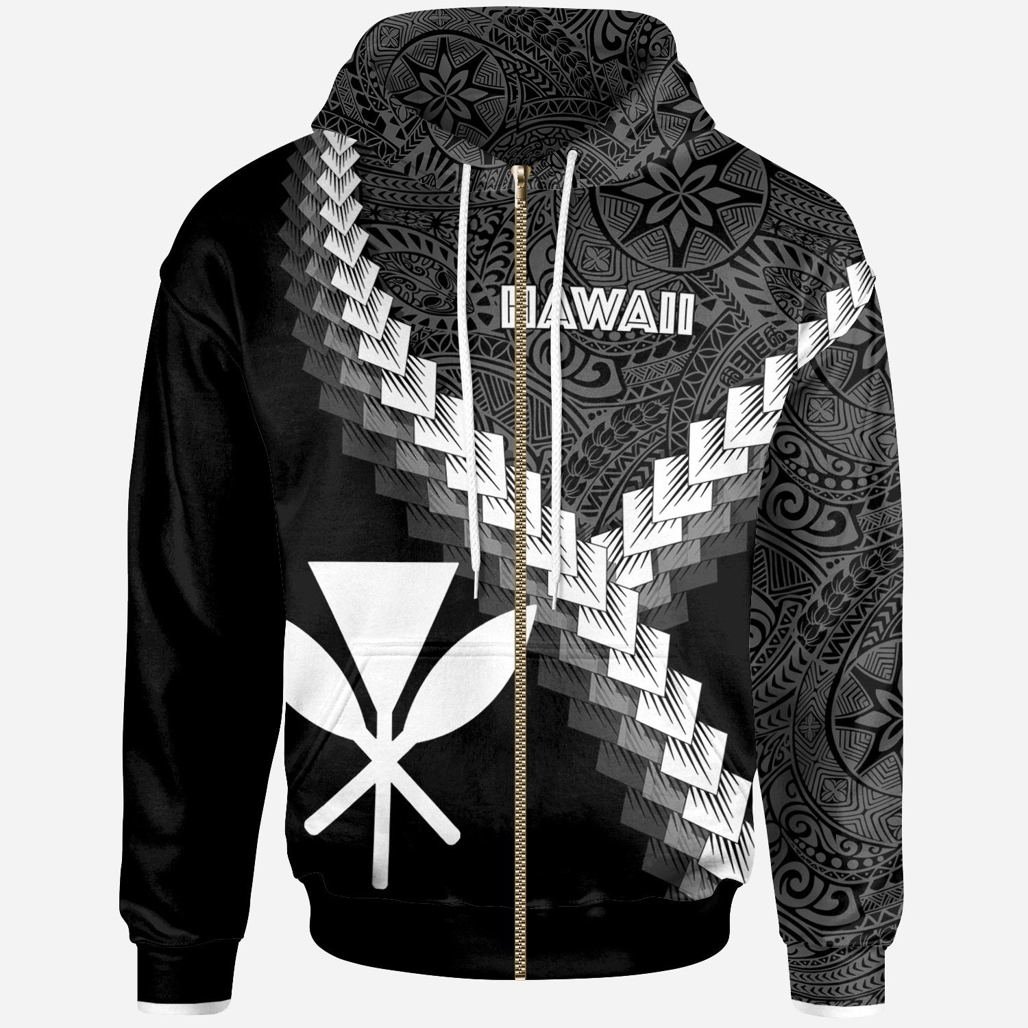 Hawaii Kanaka Maoli Zip up Hoodie Coat of Arms With Polynesian Tattoo Unisex White - Polynesian Pride