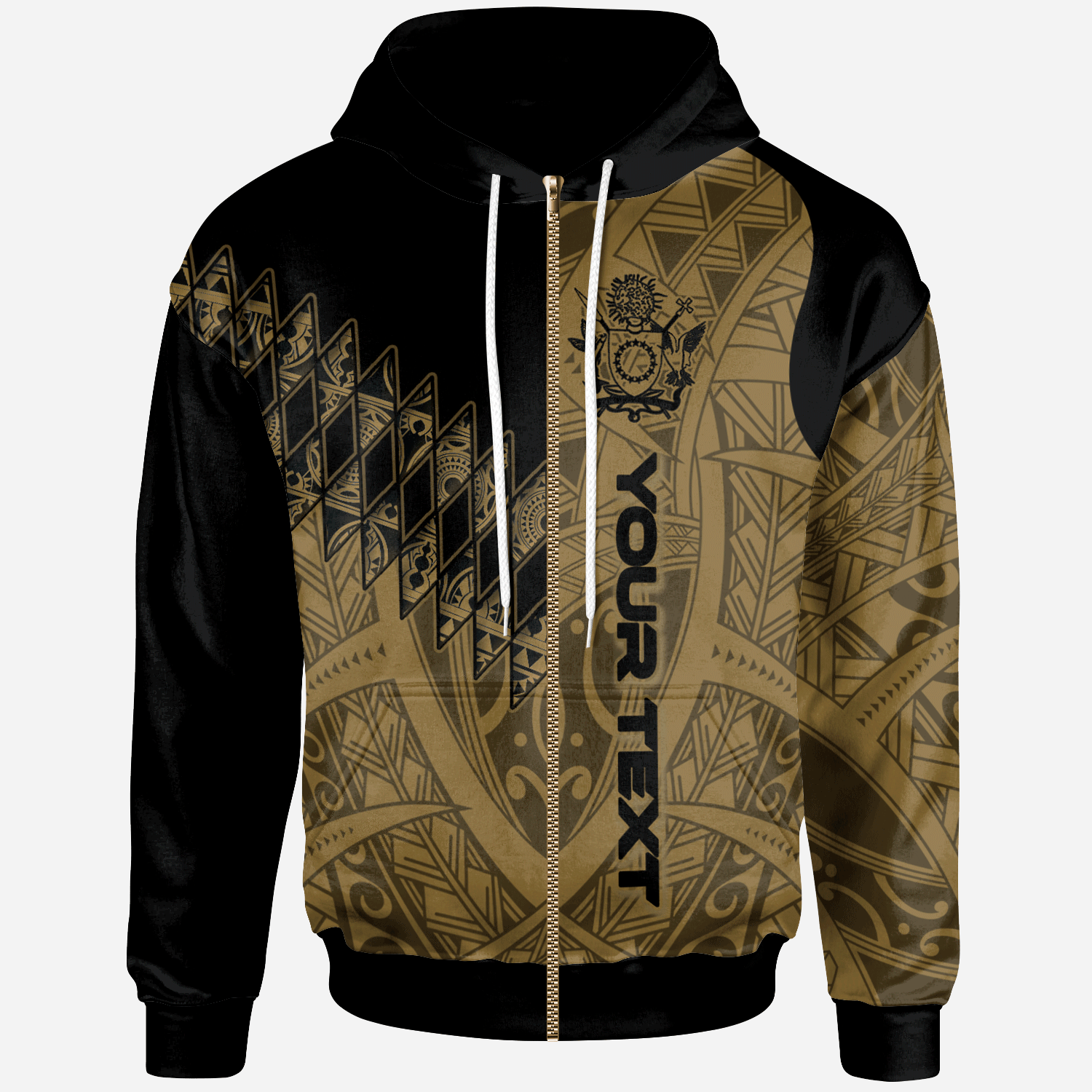 Cook Islands Custom Zip Hoodie Gold Color Symmetry Style Unisex Black - Polynesian Pride