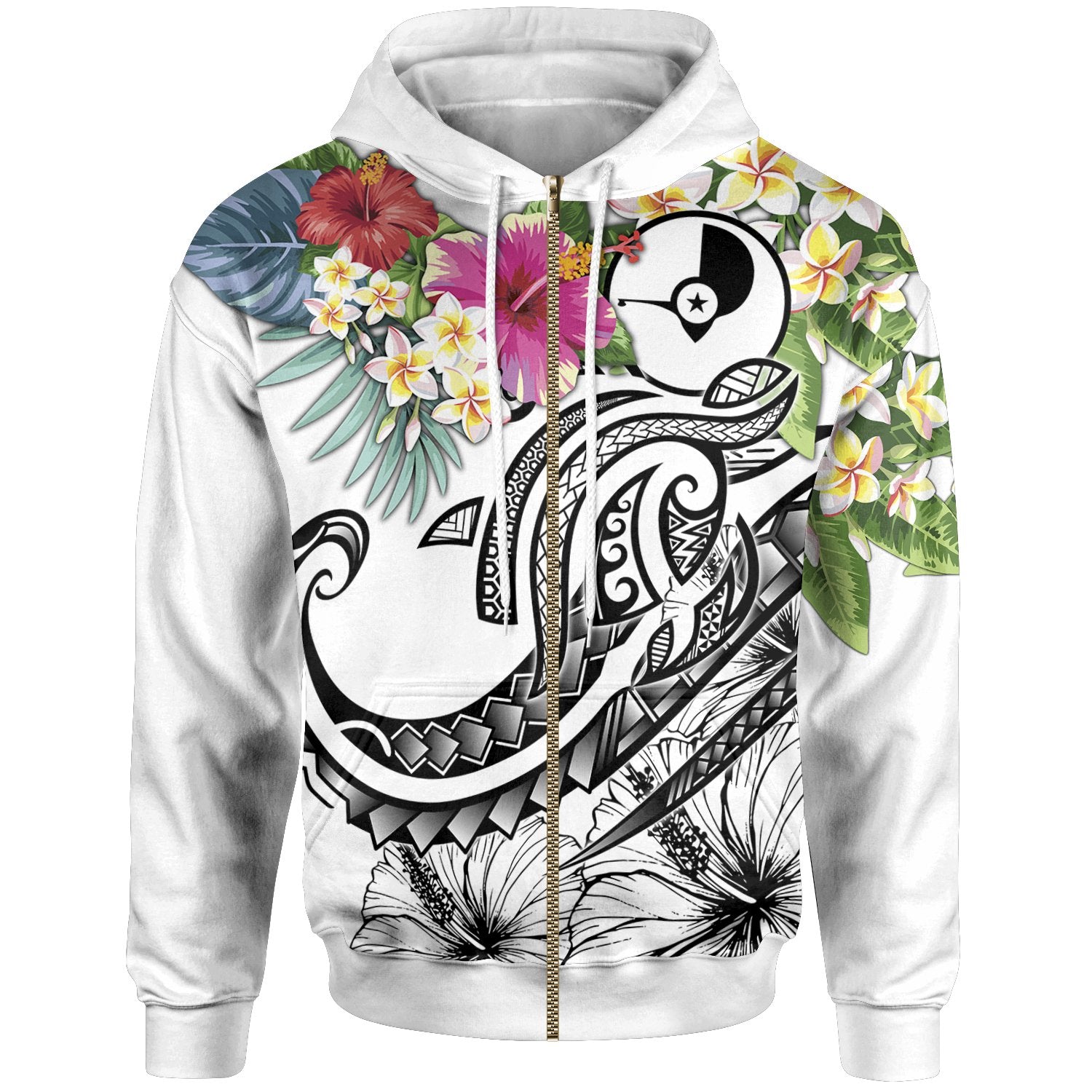 YAP Polynesian Zip up Hoodie Summer Plumeria (White) Unisex White - Polynesian Pride