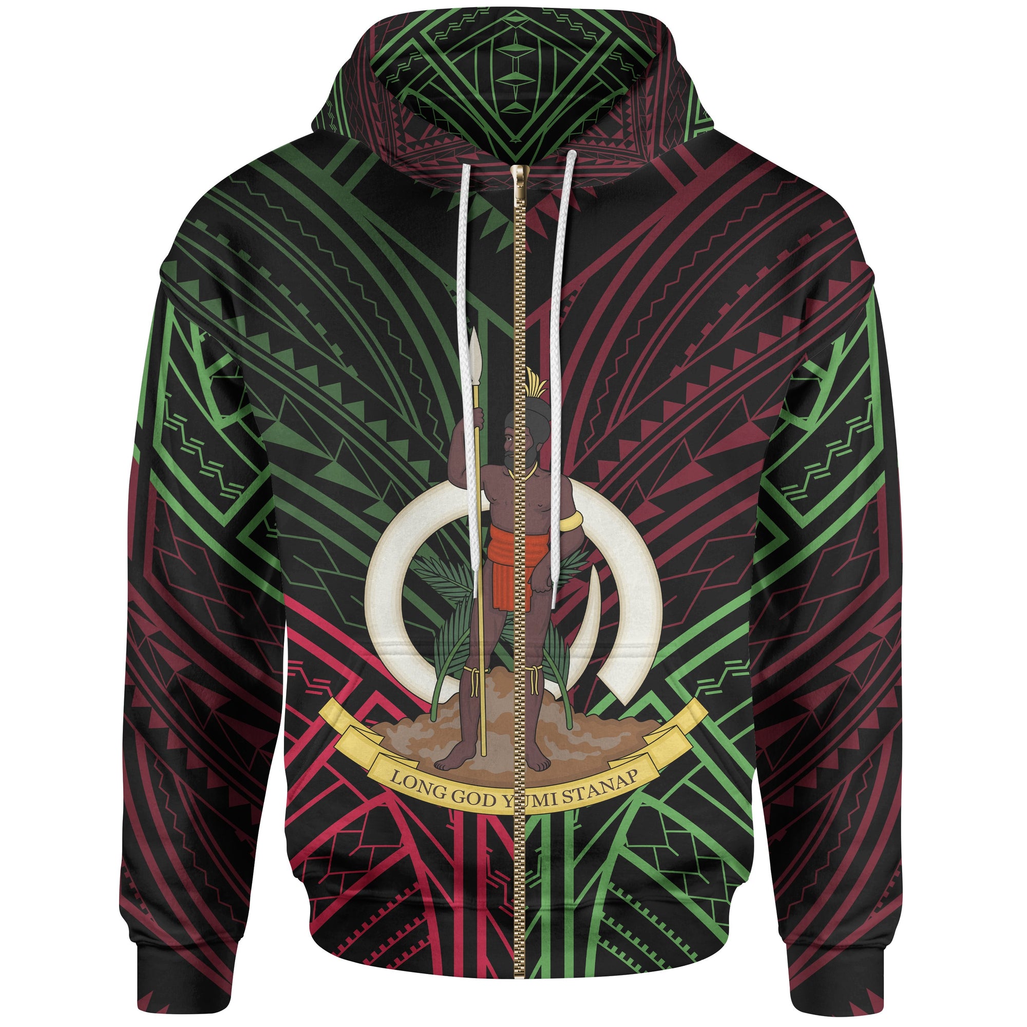 Vanuatu Zip Hoodie Vanuatu Seal Flag Color Tribal Patterns Unisex Black - Polynesian Pride