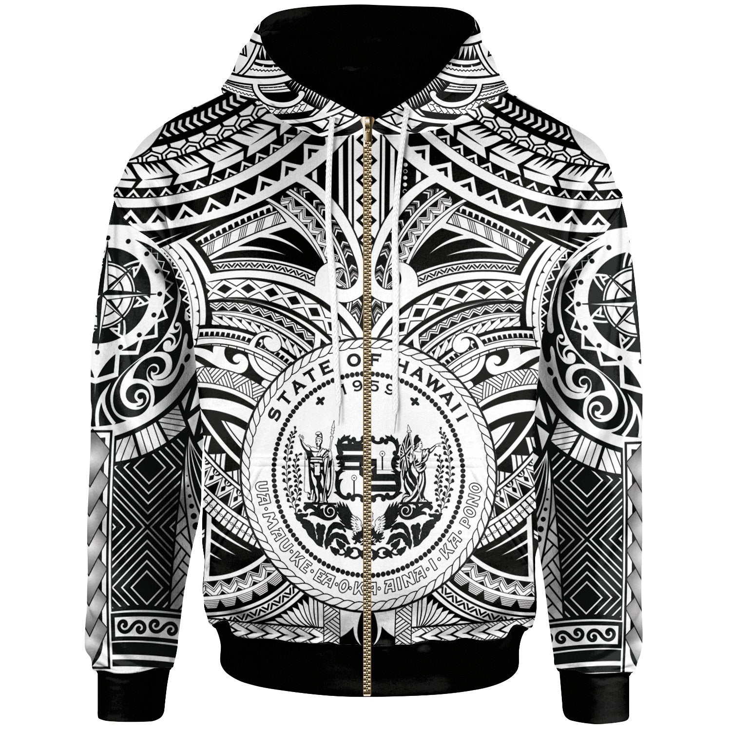 Polynesian Hawaii Zip up Hoodie Coat of Arm Hawaii & Polynesian Tattoo Unisex White - Polynesian Pride