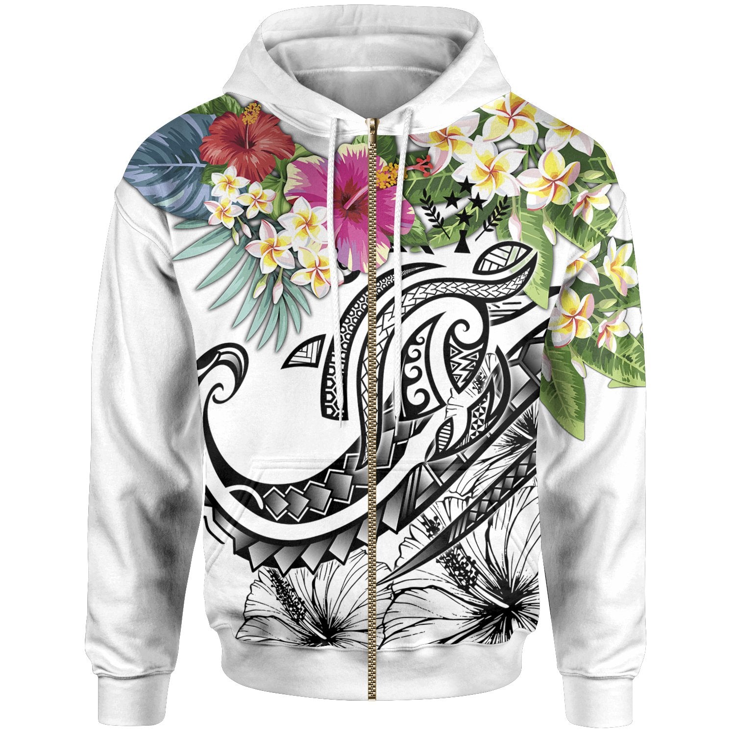 Kosrae Polynesian Zip up Hoodie Summer Plumeria (White) Unisex White - Polynesian Pride