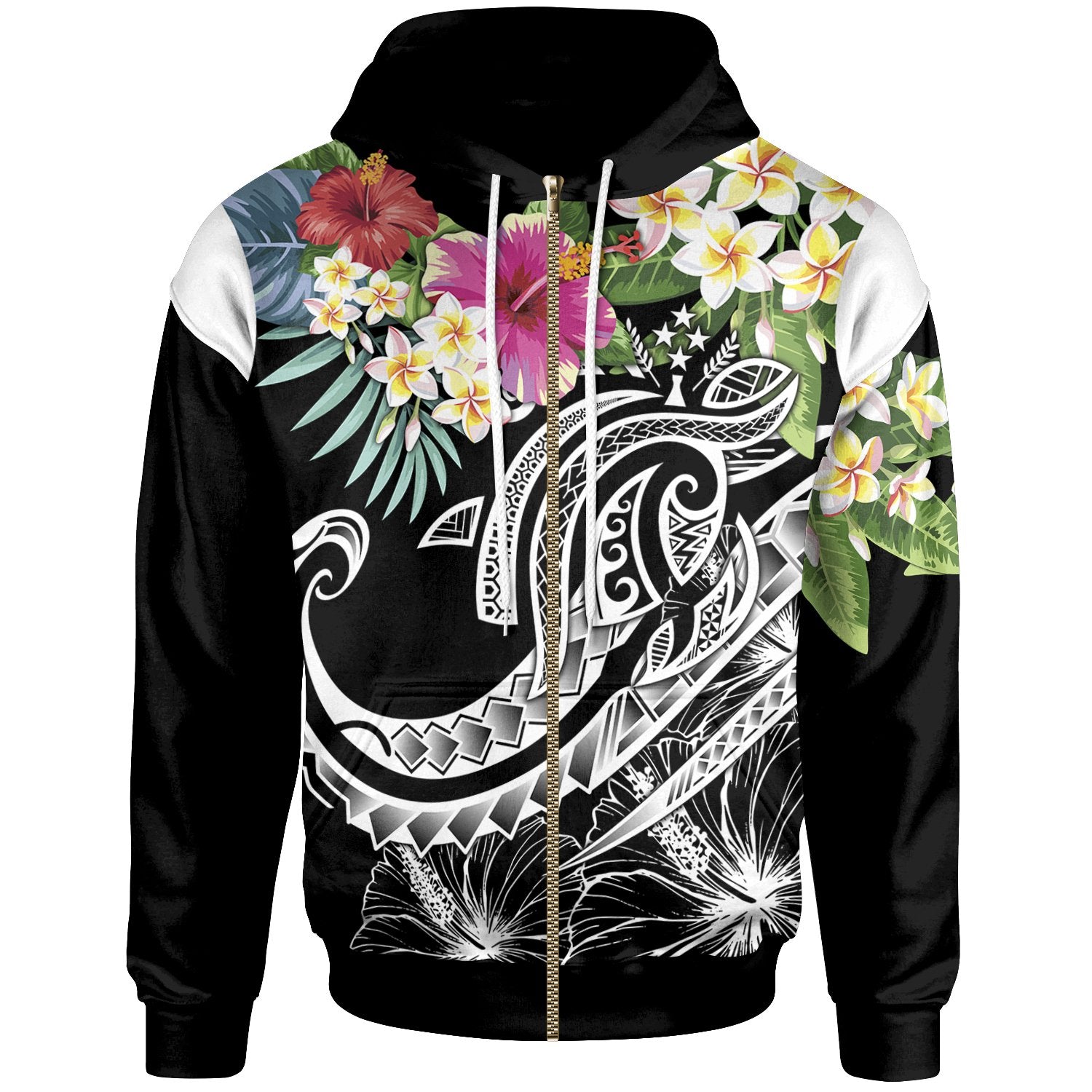 Kosrae Polynesian Zip up Hoodie Summer Plumeria (Black) Unisex Black - Polynesian Pride