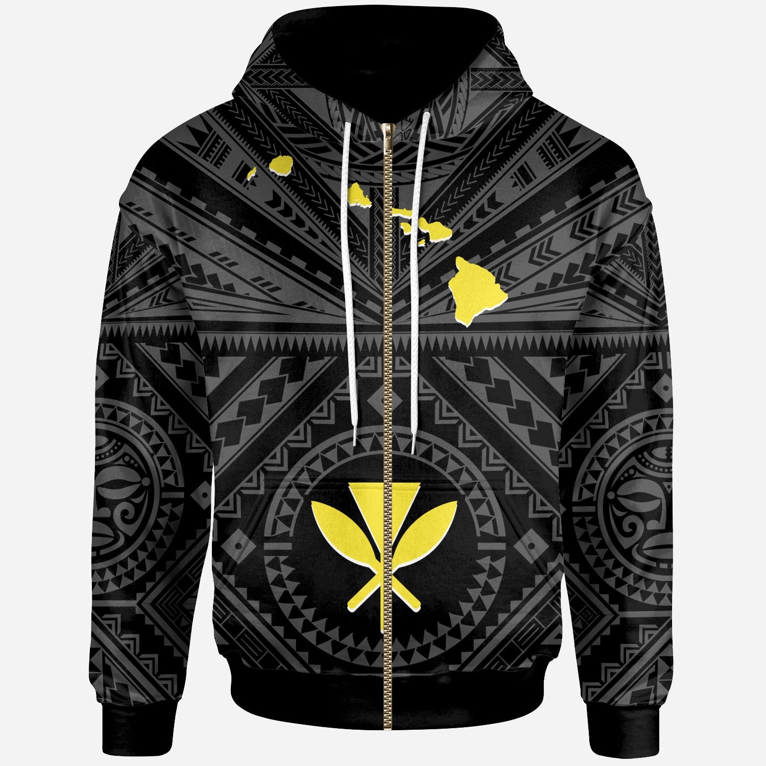 Hawaii Zip up Hoodie Hawaii Kanaka Maoli and Map (Black) Unisex Black - Polynesian Pride