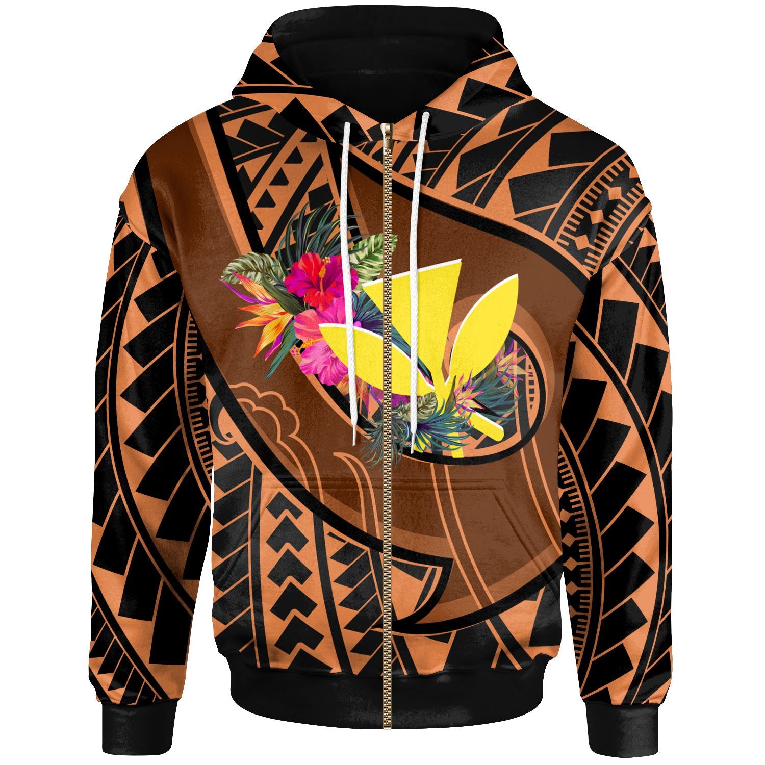 Hawaii Kanaka Maoli Zip up Hoodie Polynesian Hook and Hibiscus Unisex Dark Salmon - Polynesian Pride