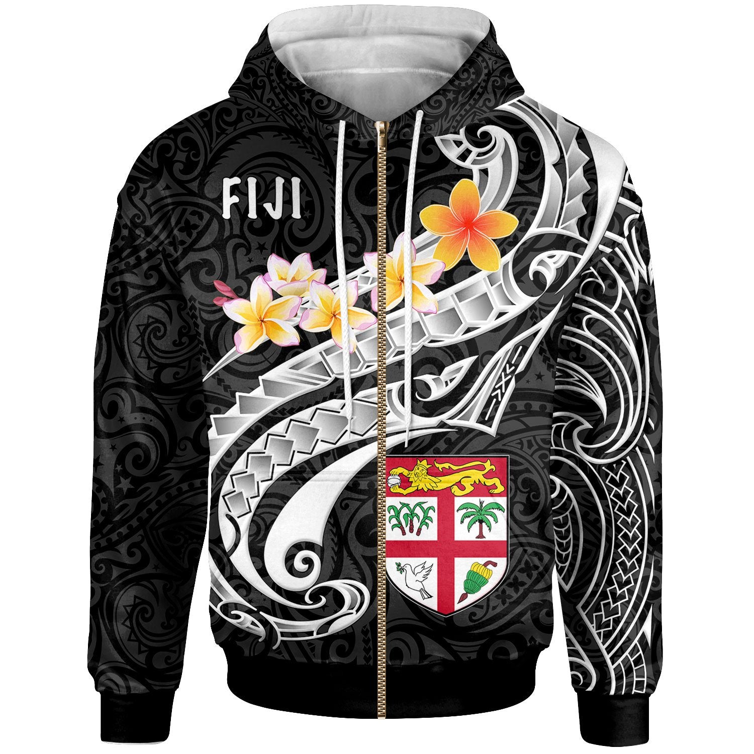 Fiji Zip up Hoodie Fiji Seal Polynesian Patterns Plumeria (Black) Unisex Black - Polynesian Pride