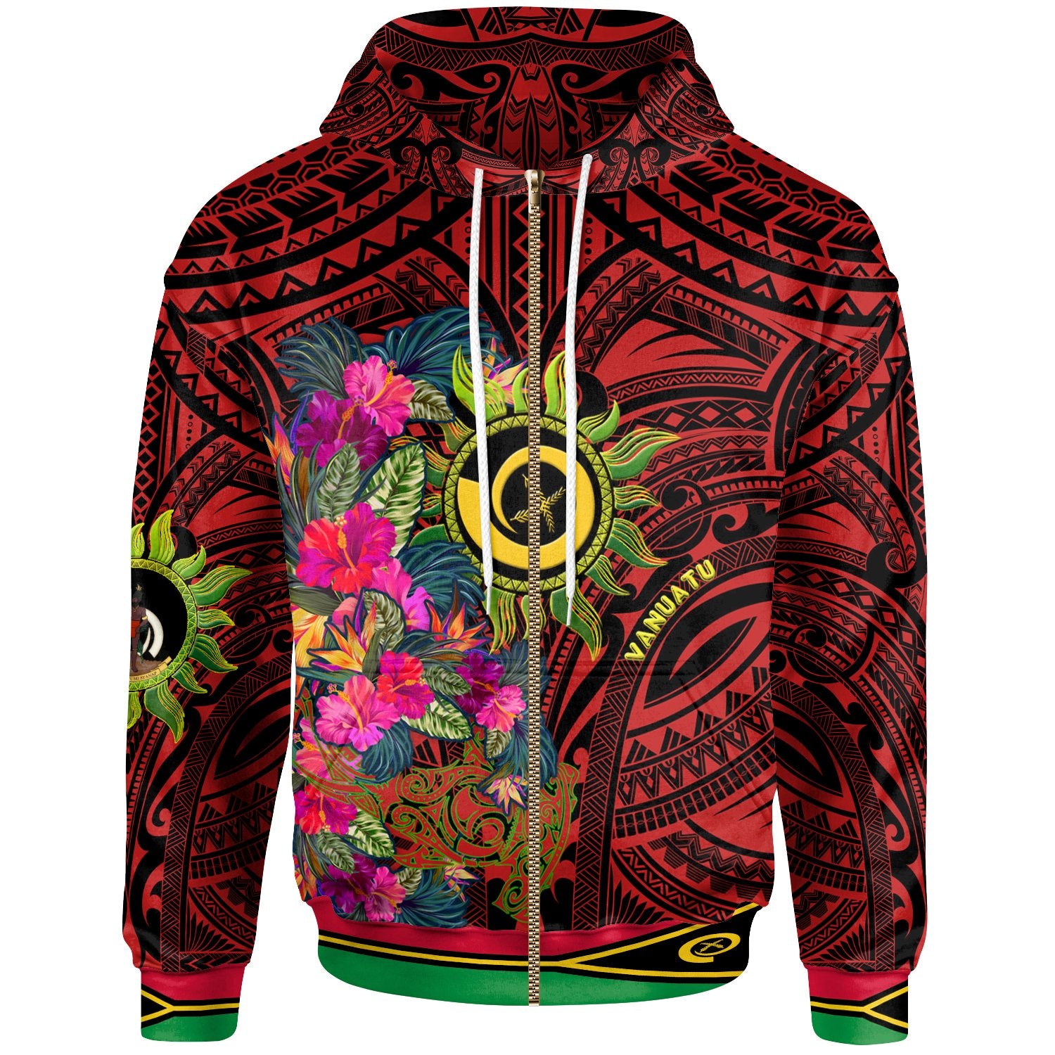 Polynesian Zip Hoodie Vanuatu Symbols With Hibiscus Ver03 Unisex Red - Polynesian Pride