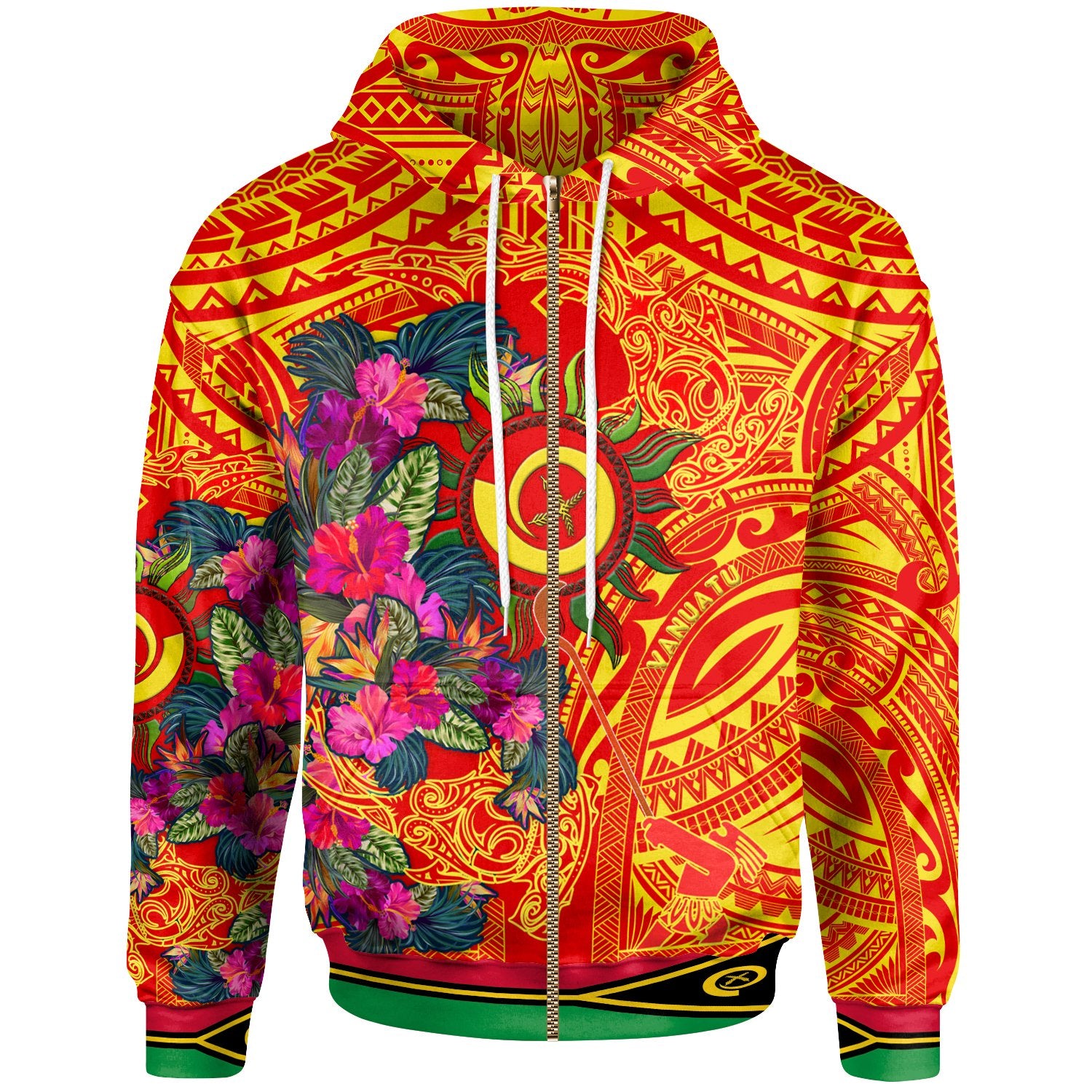 Polynesian Zip Hoodie Vanuatu Symbols With Hibiscus Ver02 Unisex Red - Polynesian Pride