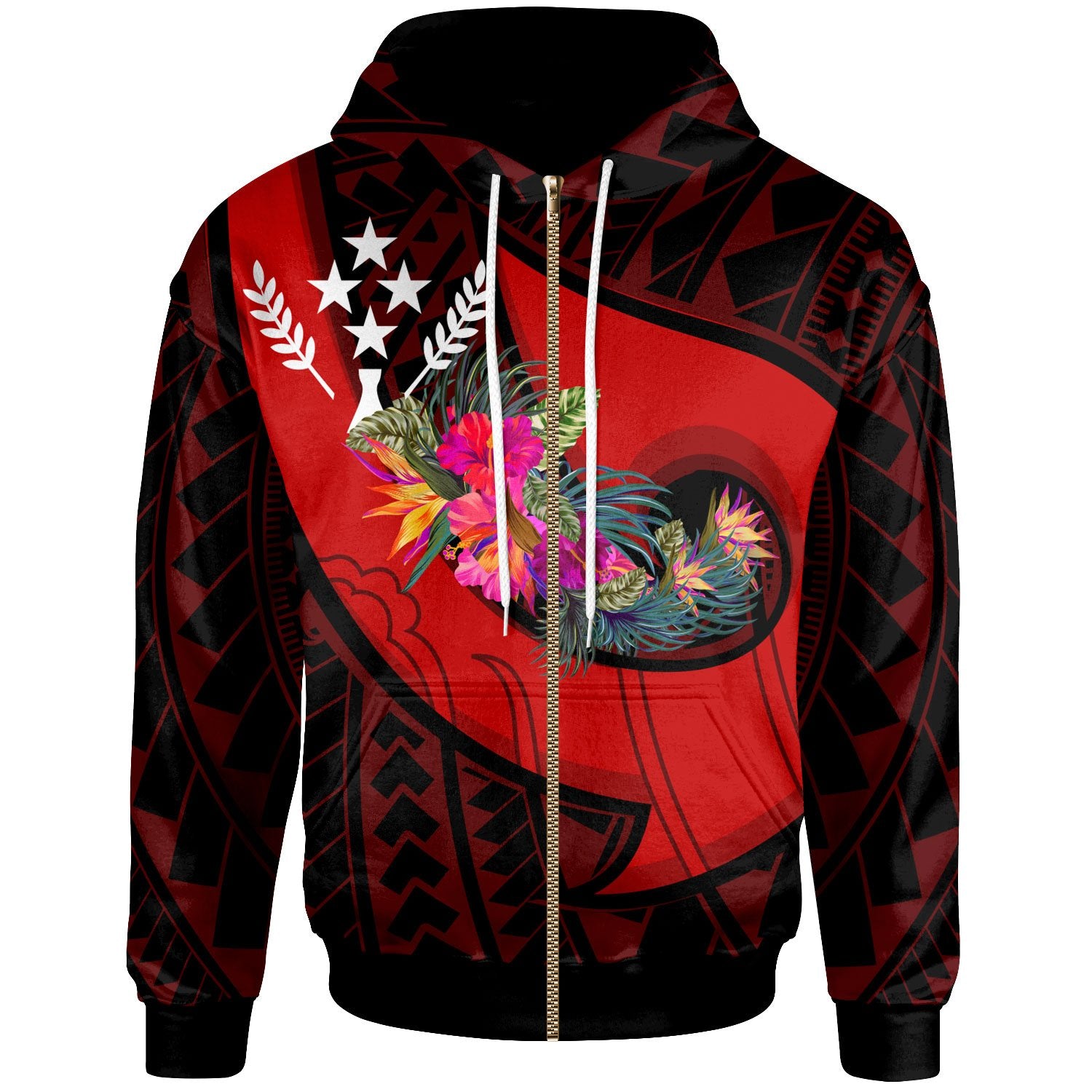 Kosrae Zip up Hoodie Polynesian Hook and Hibiscus (Red) Unisex Red - Polynesian Pride