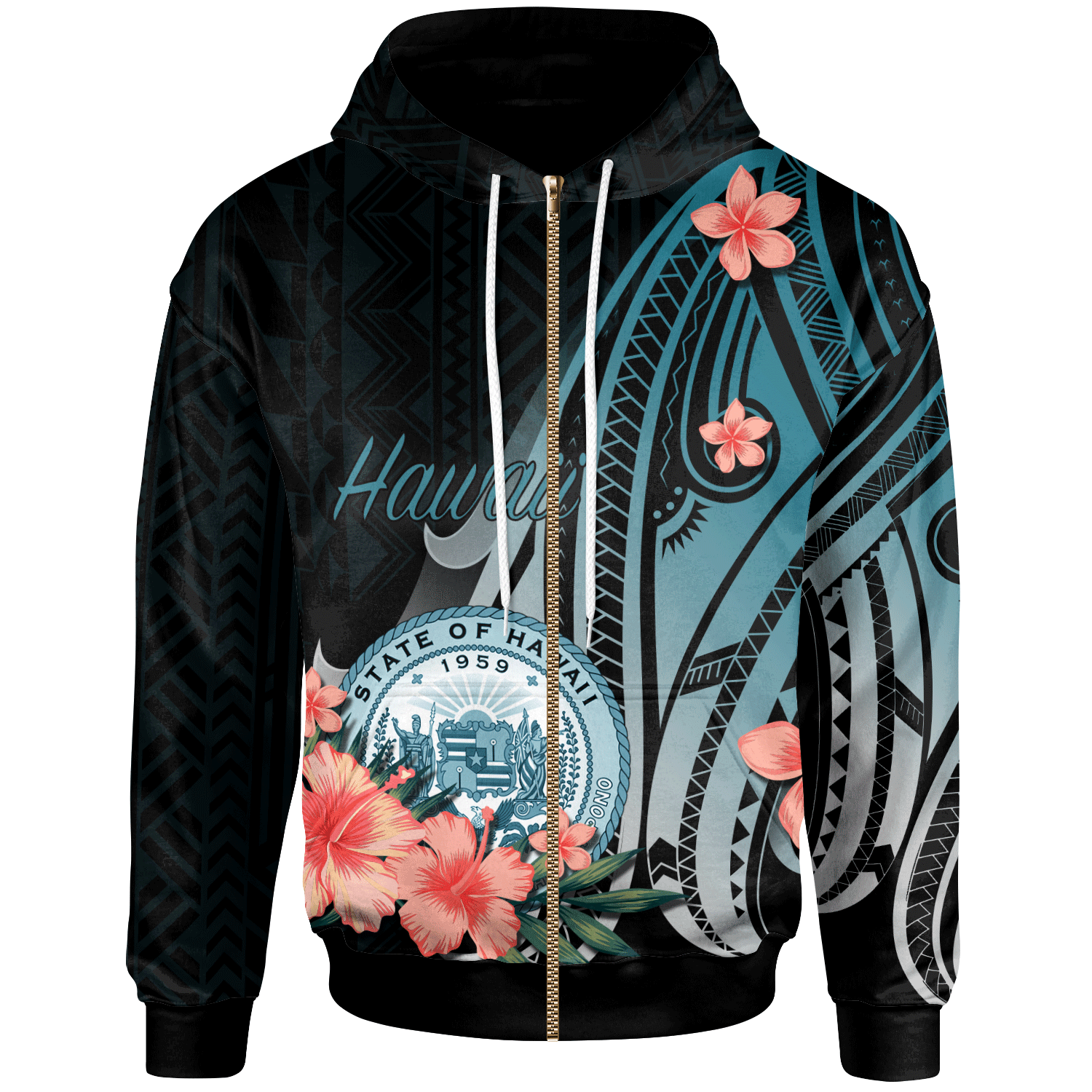 Hawaii Zip Hoodie Turquoise Polynesian Hibiscus Pattern Style Turquoise - Polynesian Pride