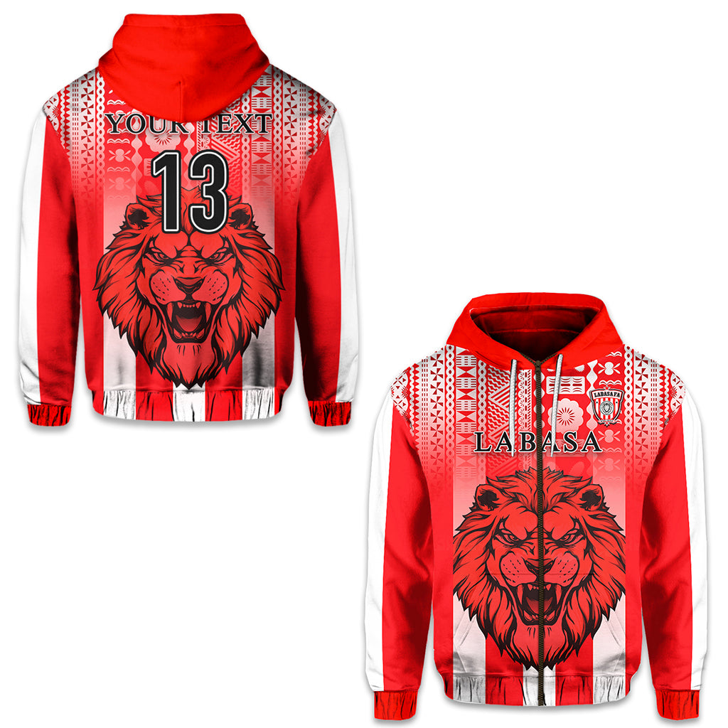 Custom Football LABASA FA Zip Hoodie Red Lion Fiji Custom Text and Number LT13 Unisex Red - Polynesian Pride