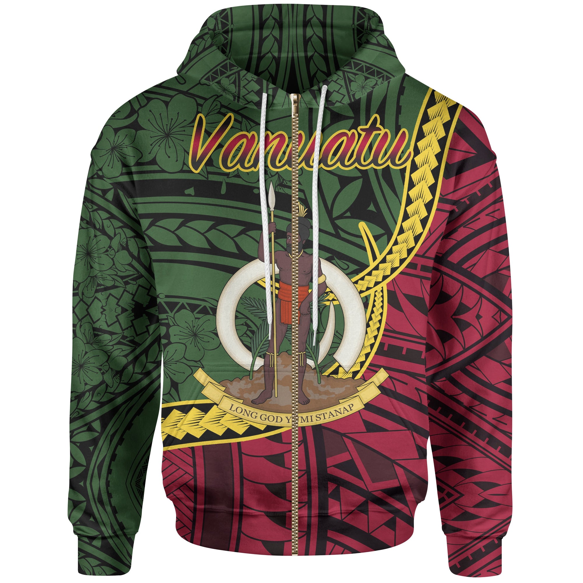 Vanuatu Zip Hoodie Seal of Vanuatu Polynesian Patterns Unisex Green - Polynesian Pride