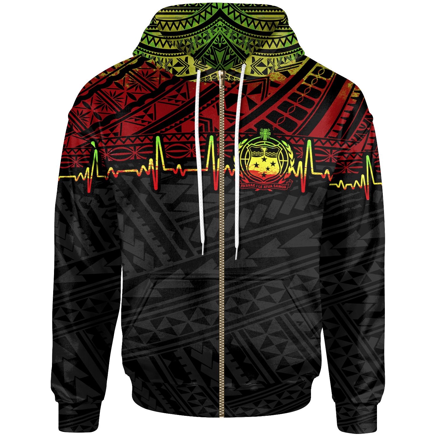 Samoa Zip Hoodie Custom Heart Beat Polynesian Unisex Black - Polynesian Pride