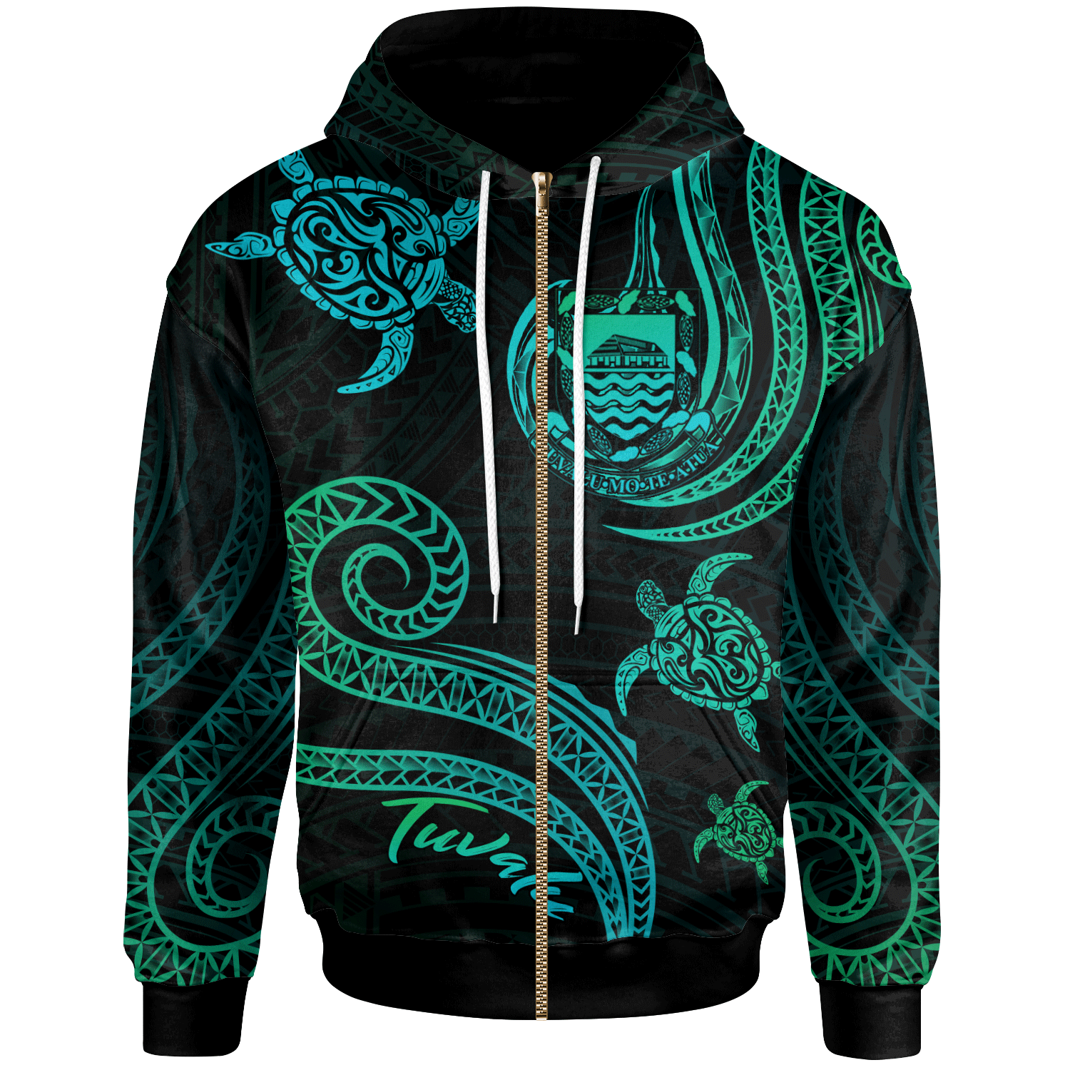 Tuvalu Zip Hoodie Polynesian Turtle With Pattern Unisex Blue Green - Polynesian Pride