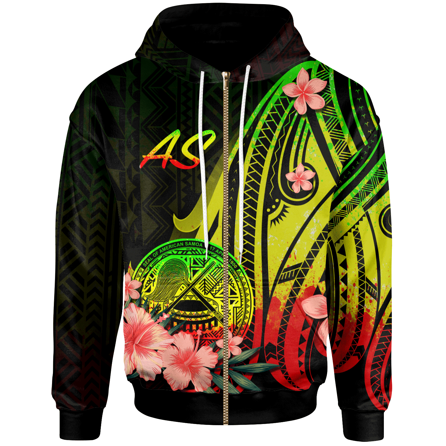 American Samoa Zip Hoodie Reggae Polynesian Hibiscus Pattern Style Unisex Reggae - Polynesian Pride