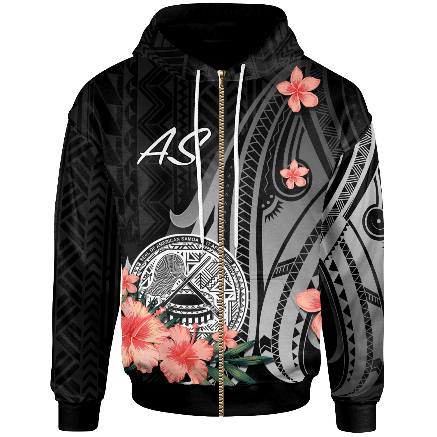 American Samoa Zip Hoodie Polynesian Hibiscus Pattern Style Unisex Black - Polynesian Pride