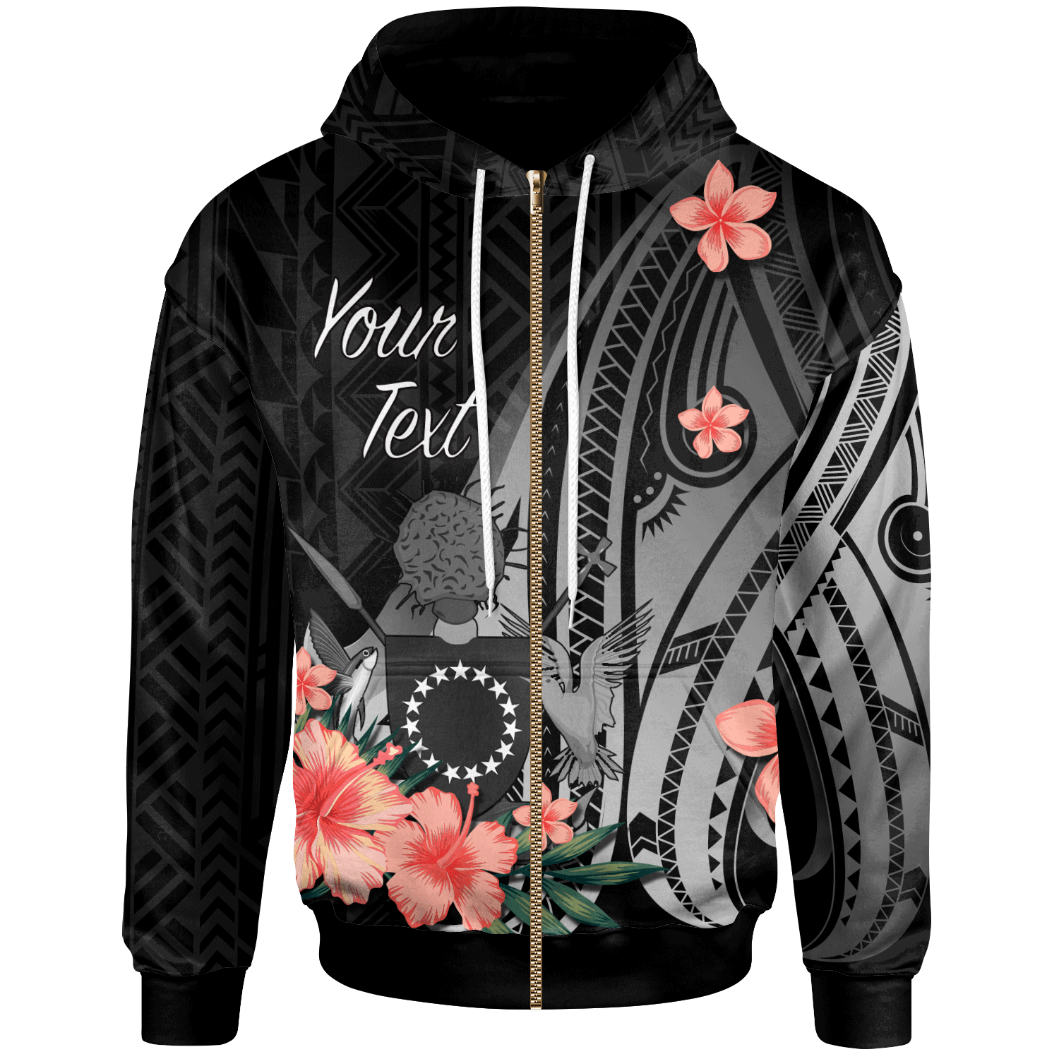 Cook Islands Custom Zip Hoodie Polynesian Hibiscus Pattern Style Unisex Black - Polynesian Pride