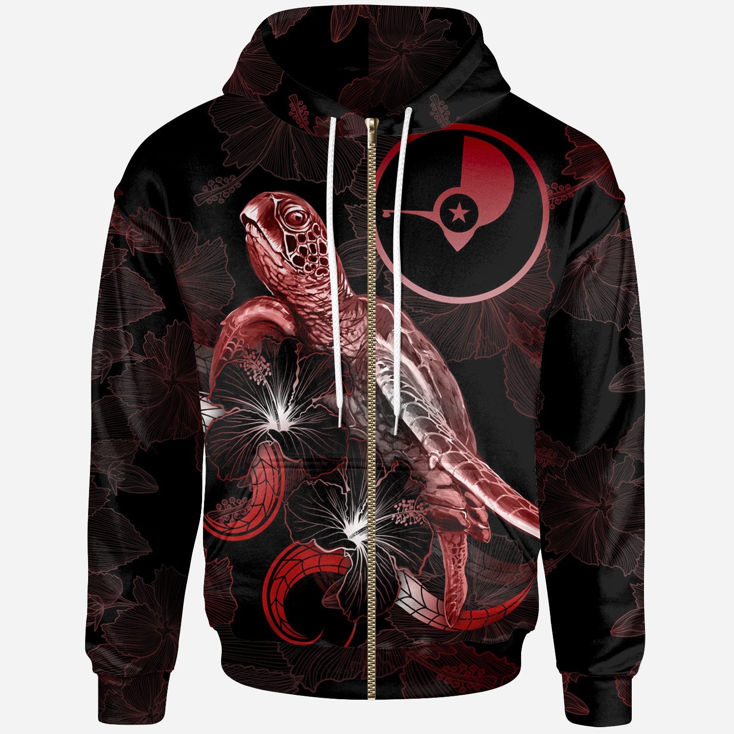 Yap Polynesian Zip up Hoodie Turtle With Blooming Hibiscus Red Unisex Red - Polynesian Pride