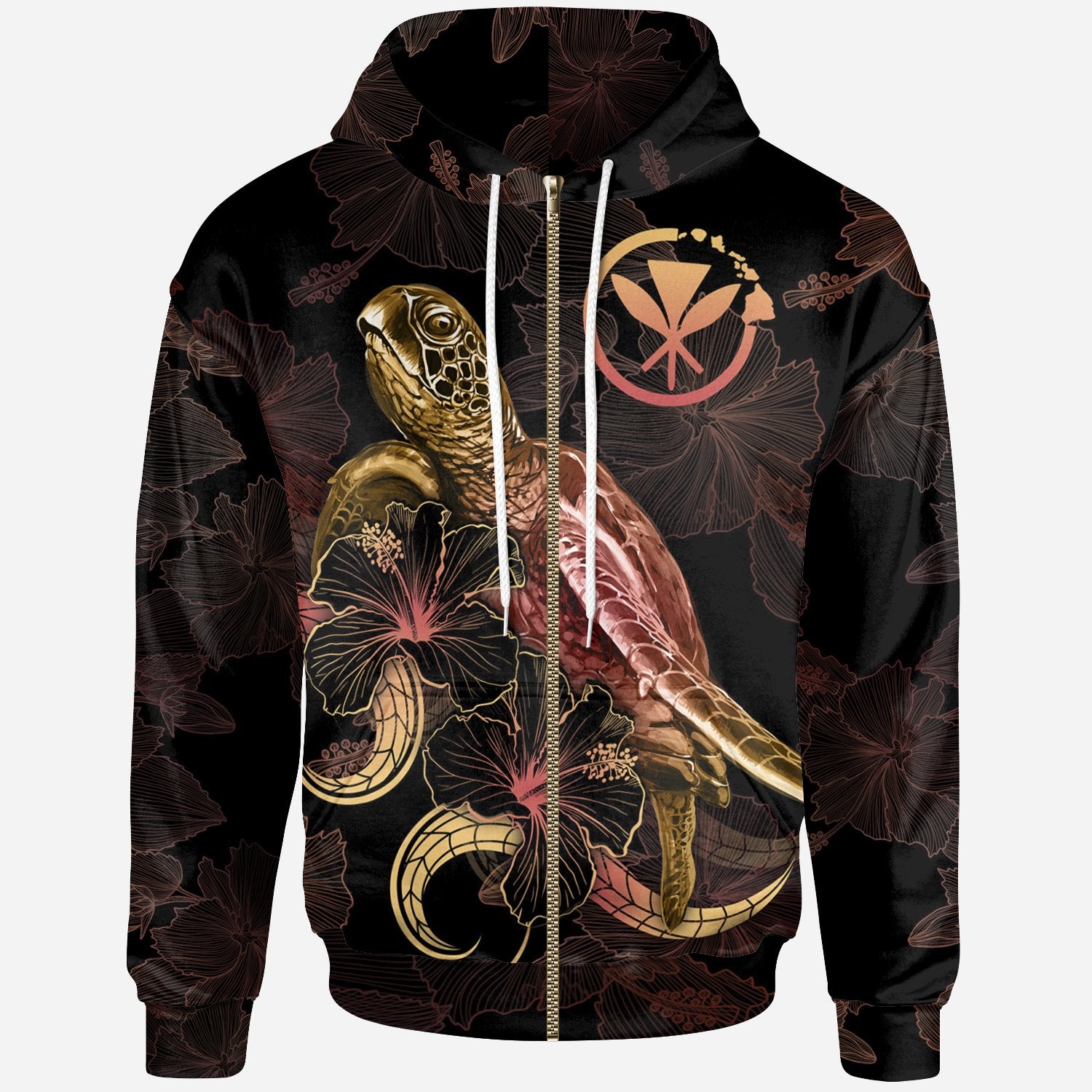 Hawaii Polynesian Zip up Hoodie Turtle With Blooming Hibiscus Gold Unisex Gold - Polynesian Pride