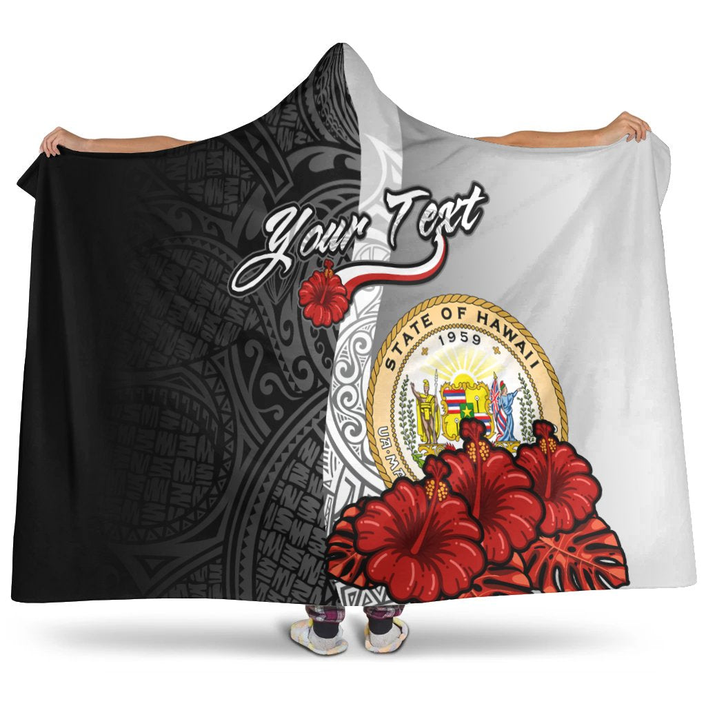 Hawaii Polynesian Custom Personalised Hooded Blanket - Coat Of Arm With Hibiscus White Hooded Blanket White - Polynesian Pride