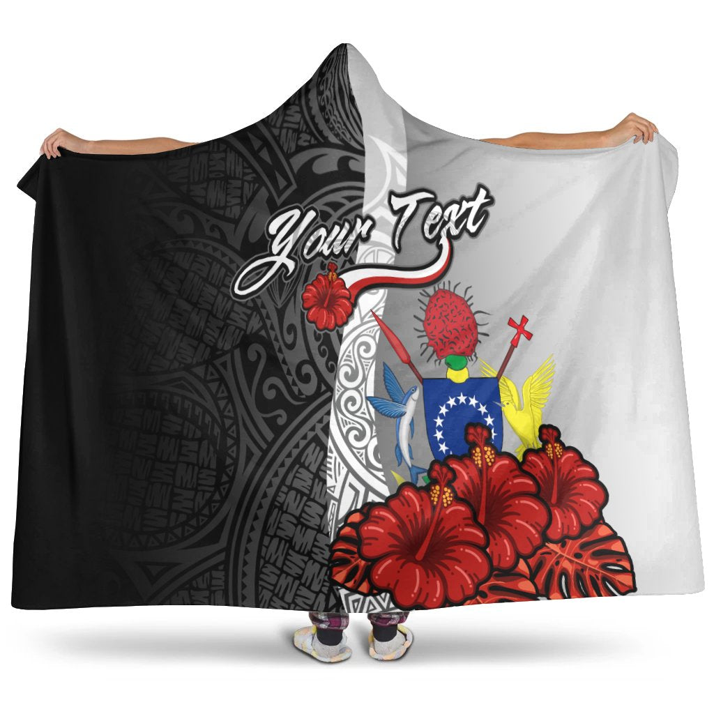 Cook Islands Polynesian Custom Personalised Hooded Blanket - Coat Of Arm With Hibiscus White Hooded Blanket White - Polynesian Pride