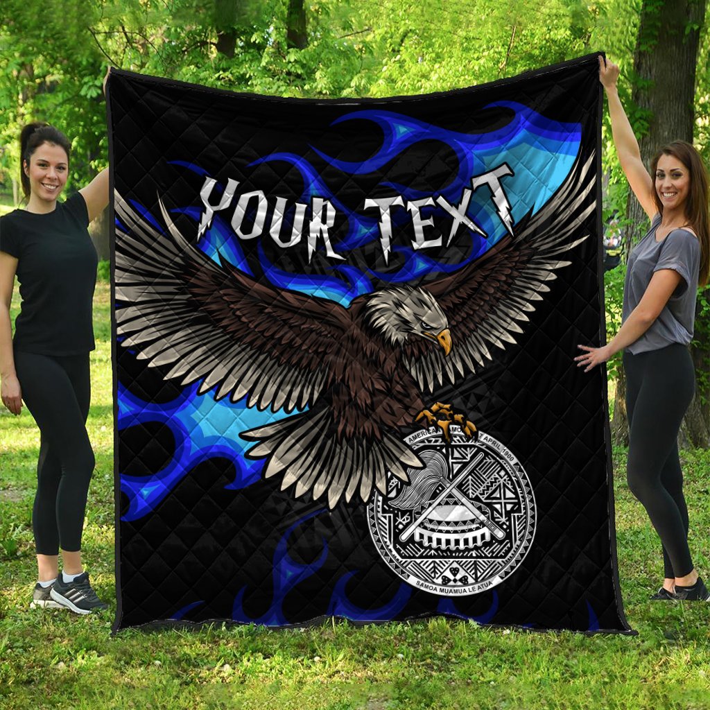 American Samoa Polynesian Custom Personalised Premium Quilt - Eagle With Flame Blue Blue - Polynesian Pride