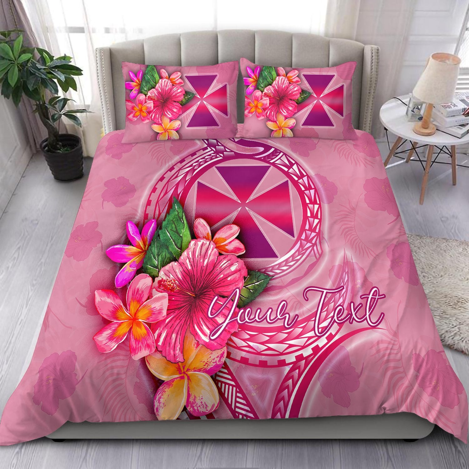 Wallis And Futuna Polynesian Custom Personalised Bedding Set - Floral With Seal Pink UK King 231cm x 221cm Pink - Polynesian Pride