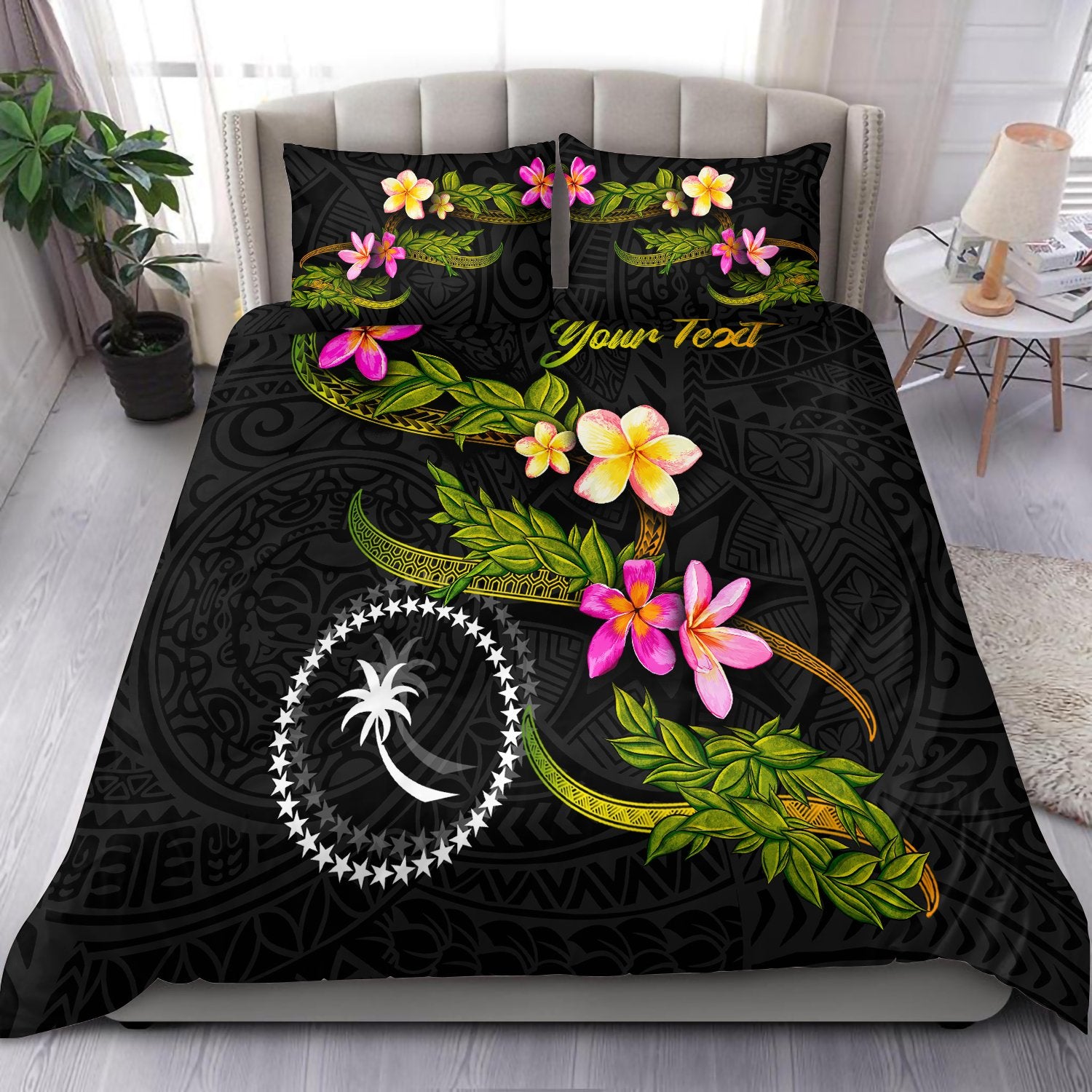 Chuuk Polynesian Custom Personalised Bedding Set - Plumeria Tribal Black - Polynesian Pride