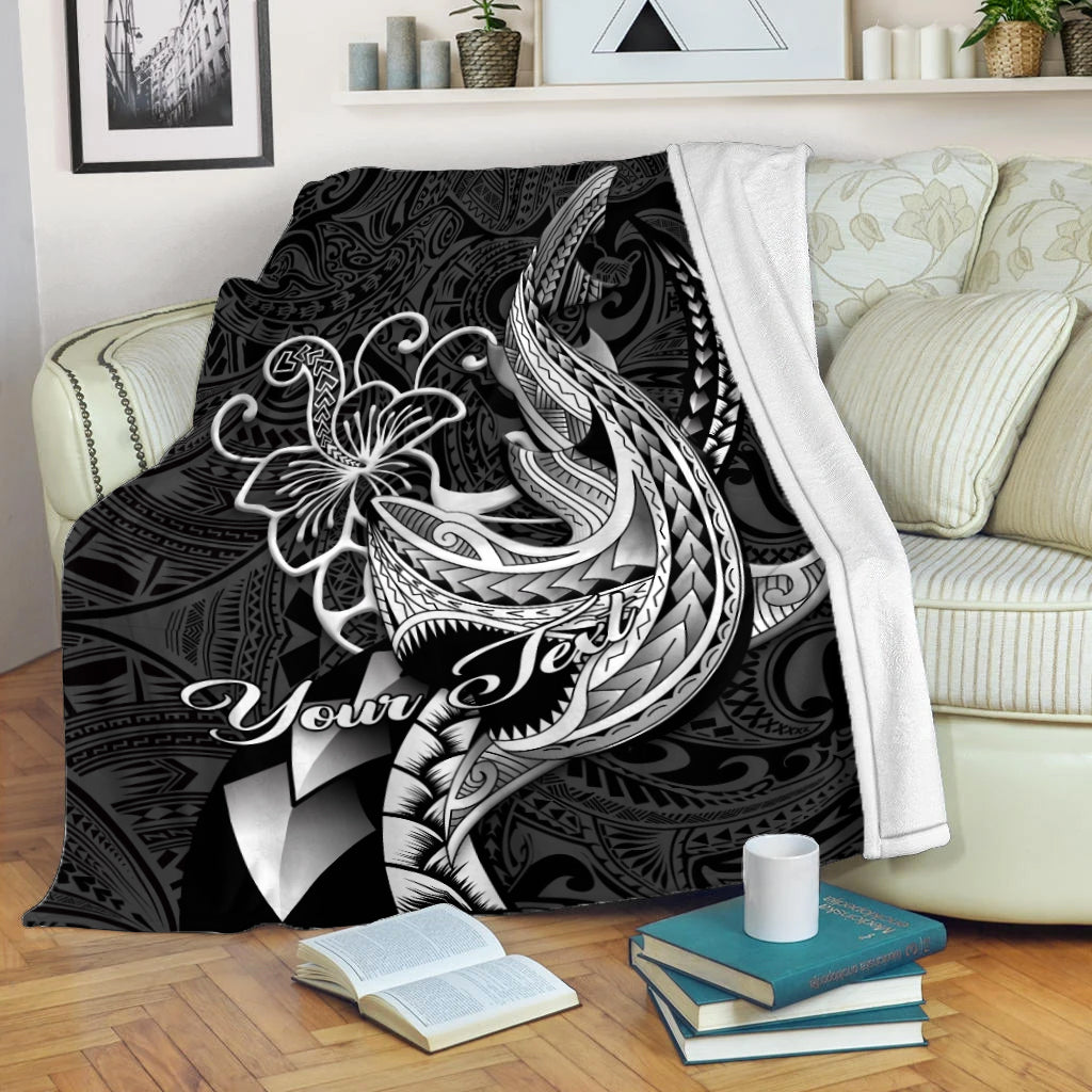 (Custom Personalised) Polynesian Shark Tattoo Hawaii Tribal Blanket - LT12 White - Polynesian Pride