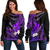 (Custom Personalised) Hawaii Turtle With Plumeria Leaf Purple Women Off Shoulder Sweater - LT12 Women Black - Polynesian Pride