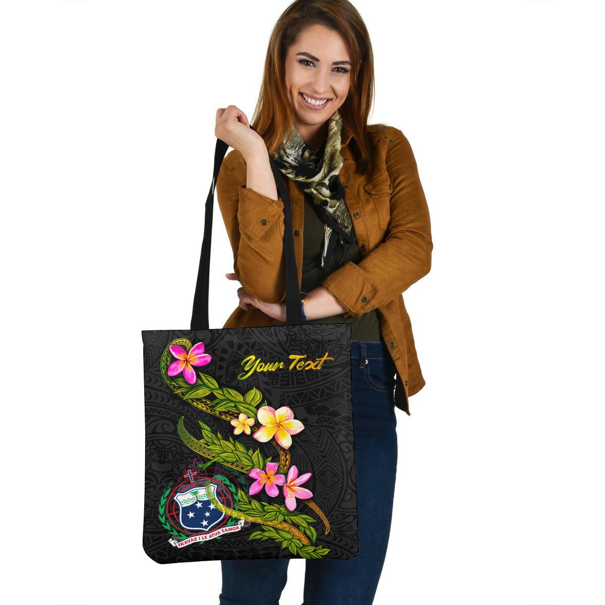 Samoa Polynesian Custom Personalised Tote Bag - Plumeria Tribal Tote Bag One Size Black - Polynesian Pride