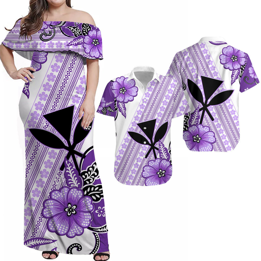 Polynesian Couple Outfits Hawaii Matching Dress and Hawaiian Shirt Kakau Tribal Purple Batik Floral Ver.02 LT13 Purple - Polynesian Pride