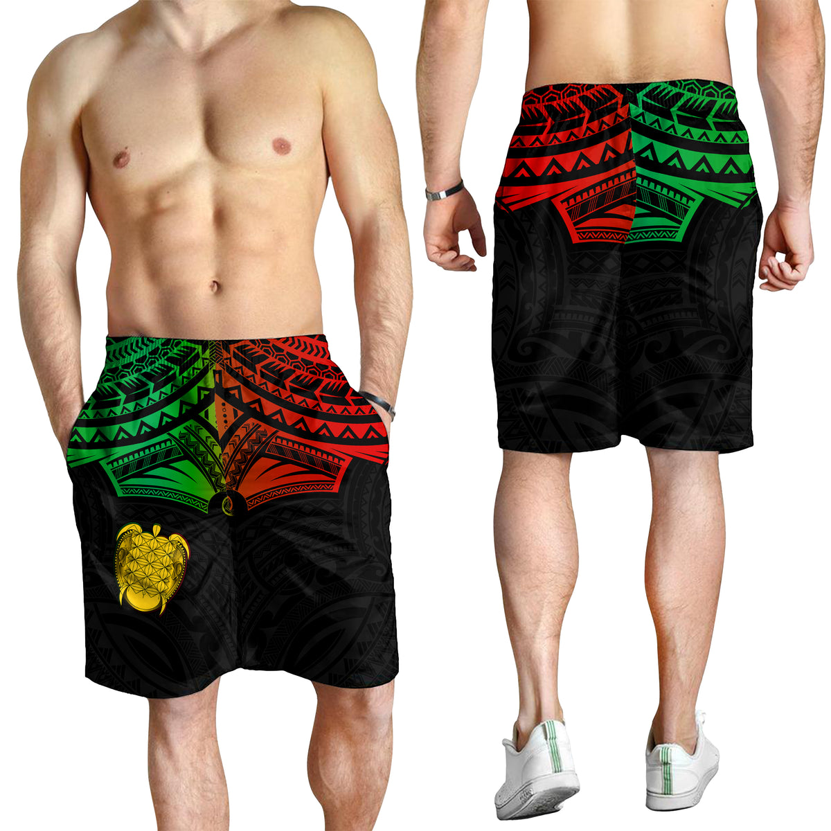 Vanuatu Heart Polynesian Men Short Turtle Sand Drawings LT13 Men's Shorts Black - Polynesian Pride