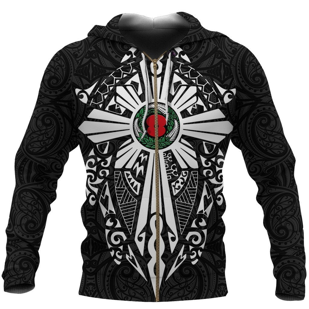 New Zealand ANZAC Zip up Hoodie, Lest We Forget Maori Cross Tattoo Zipper Hoodie Unisex Black - Polynesian Pride