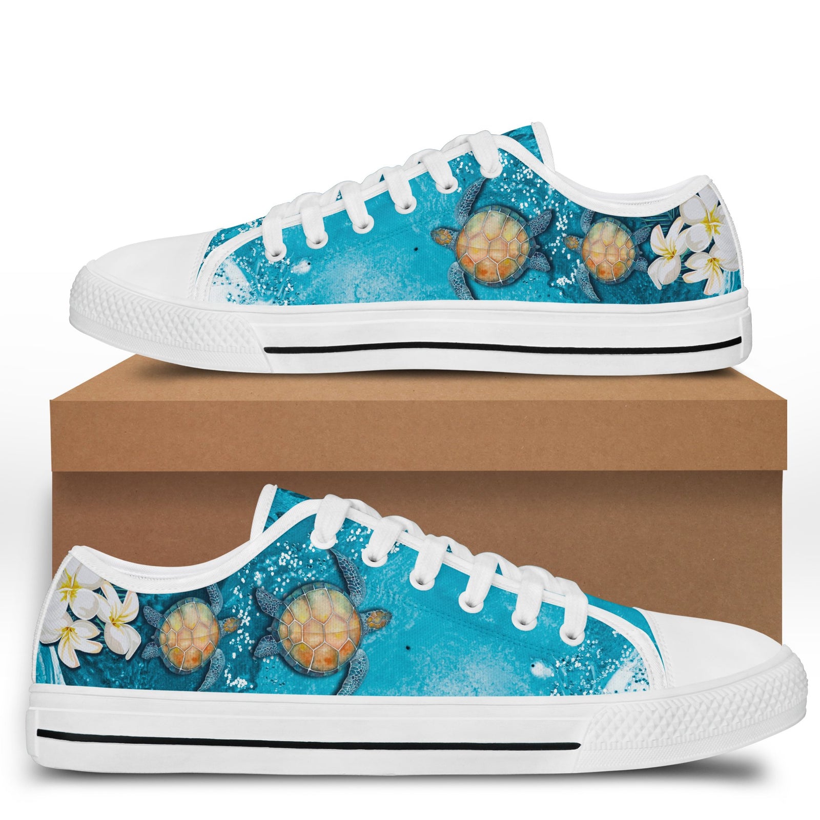 Hawaii Turtle Aumakua Plumeria Low Top Shoes - Hipi Style - AH White - Polynesian Pride