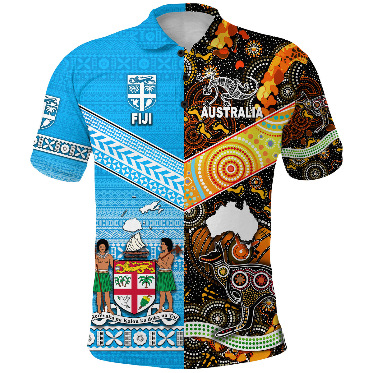 Australia Fiji Polo Shirt - Aboriginal and Tapa Design Together LT8 Blue - Polynesian Pride