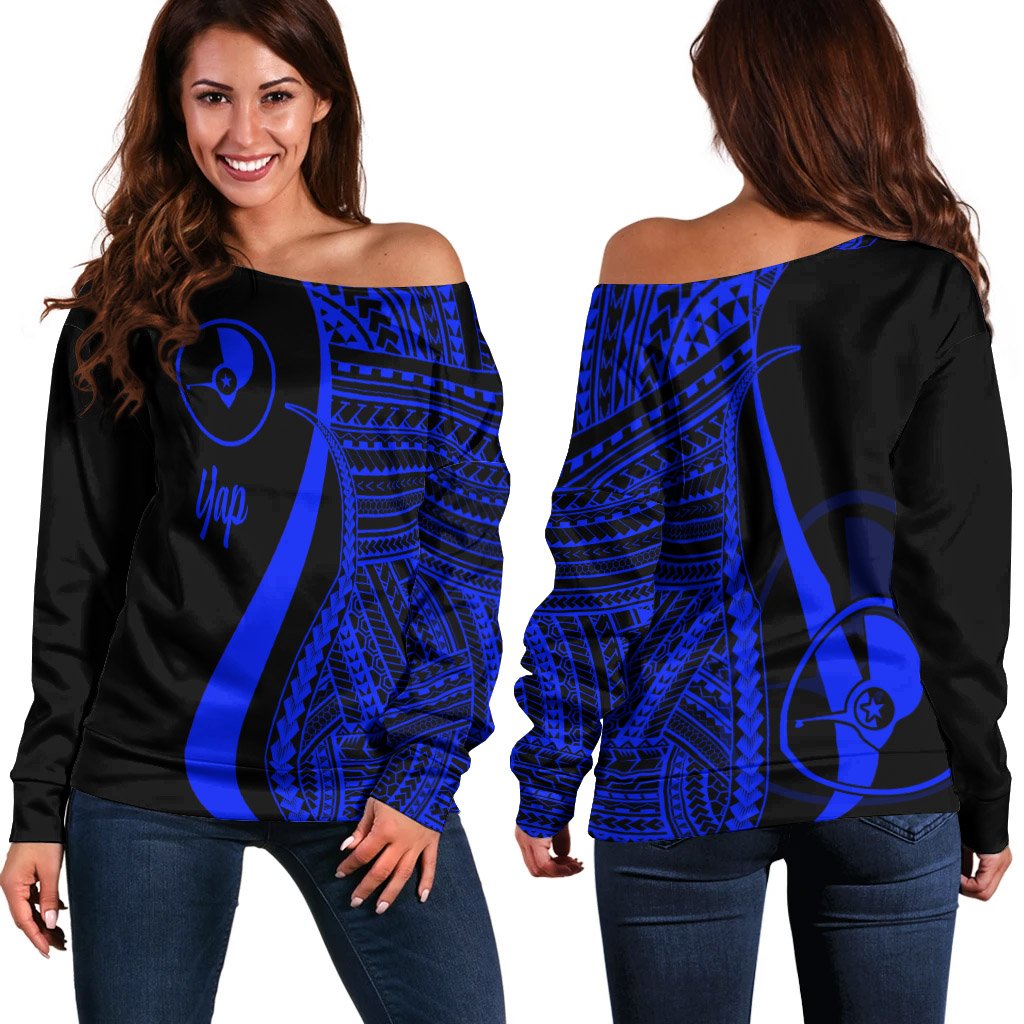 Yap Women's Off Shoulder Sweater - Blue Polynesian Tentacle Tribal Pattern Blue - Polynesian Pride