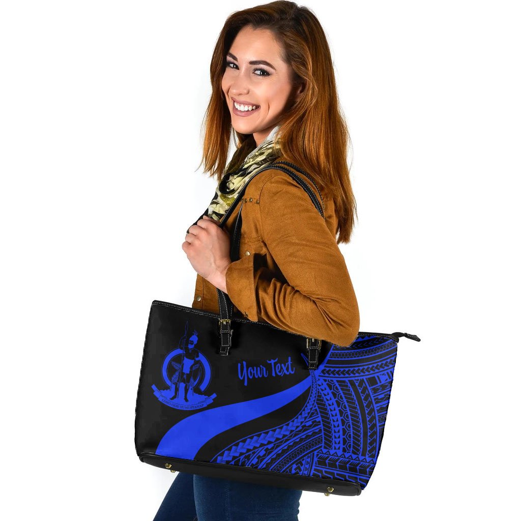 Vanuatu Custom Personalised Large Leather Tote Bag - Blue Polynesian Tentacle Tribal Pattern Blue - Polynesian Pride