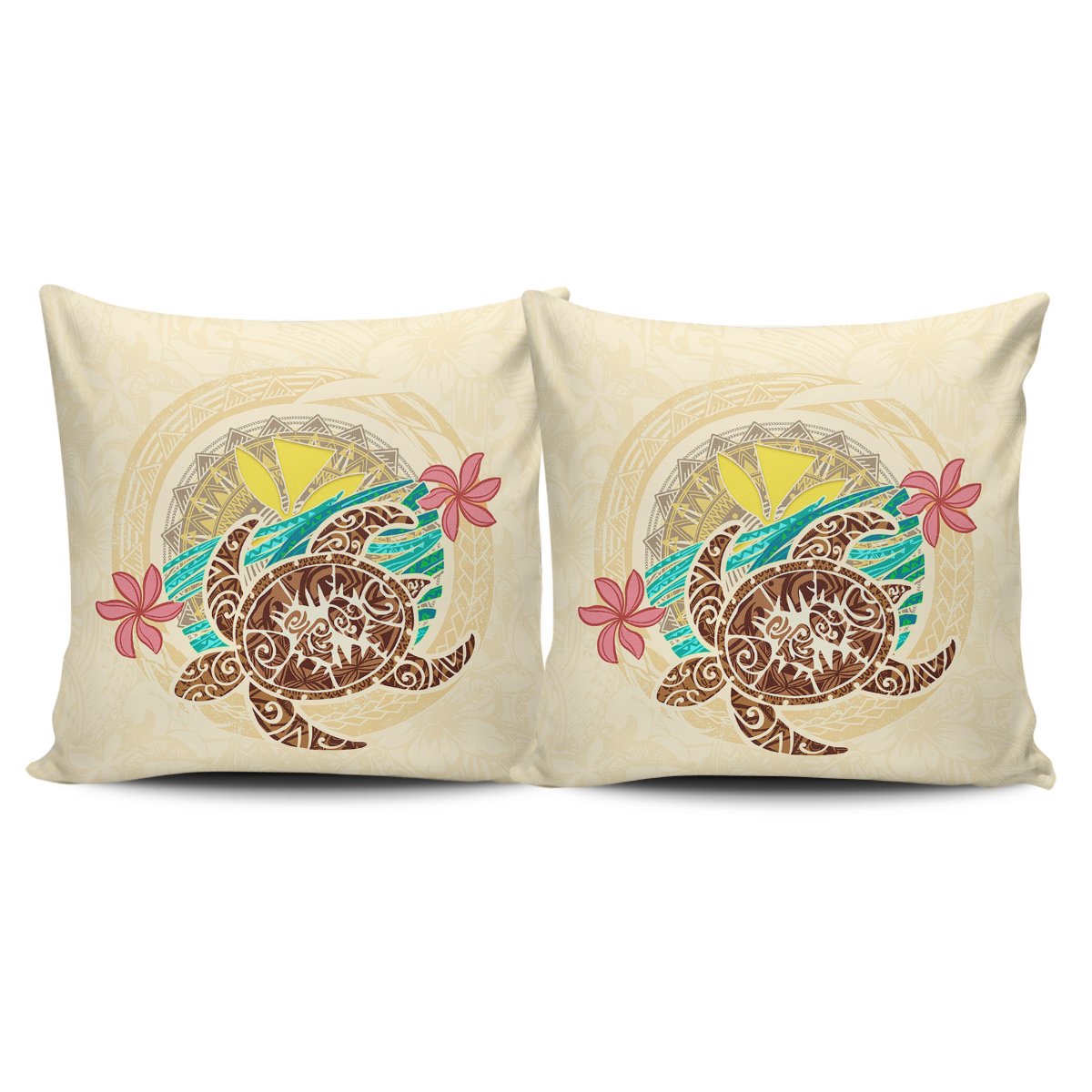 Kanaka Maoli (Hawaii) Pillow Cases - Turtle Polynesian Flower Tattoo Beige - Polynesian Pride