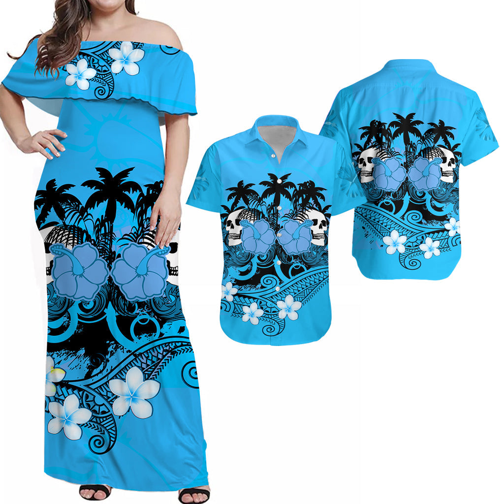 Hawaii Skull Matching Dress and Hawaiian Shirt Mysterious Polynesia and Blue Flowers LT13 Blue - Polynesian Pride